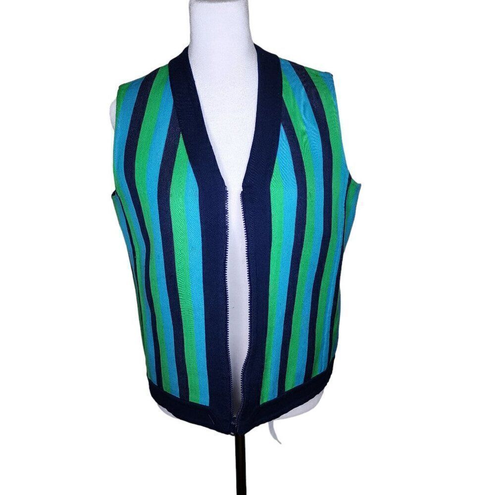 Vintage 70s Reversable Striped Solid Full Zip Vest Womens Size L Blue Green